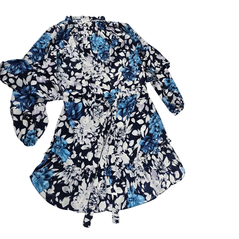 MISA Los Angeles Blue Floral Ruffle Mini Dress Small Long Sleeve Belted Viscose